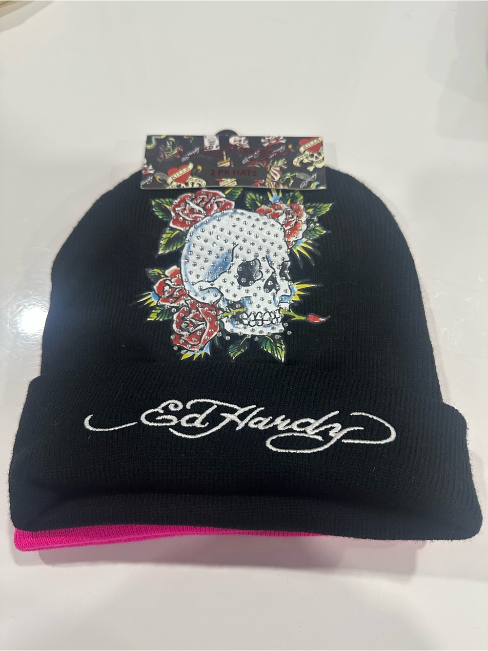 Ed Hardy Black Beanie with Pink Trim and Skull Rose Graphic 2 Set NEW